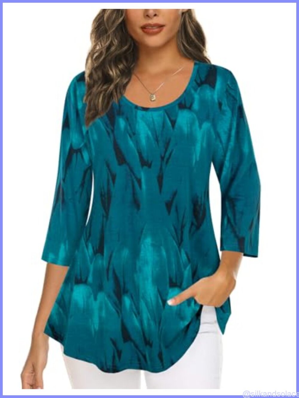 Women's 3/4 Sleeve Tunic Top Pleated Floral Business Casual Loose Fit